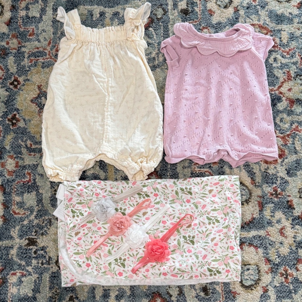 Cloud Island Romper Swaddle Girls Bundle 0-3M Pink Floral Gauze Cottagecore EUC